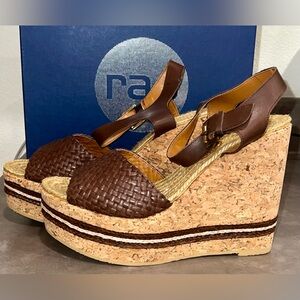 RAS NEW Boho Brown Leather Woven Wedge Platform Sandals Cork Heel Spain US 9